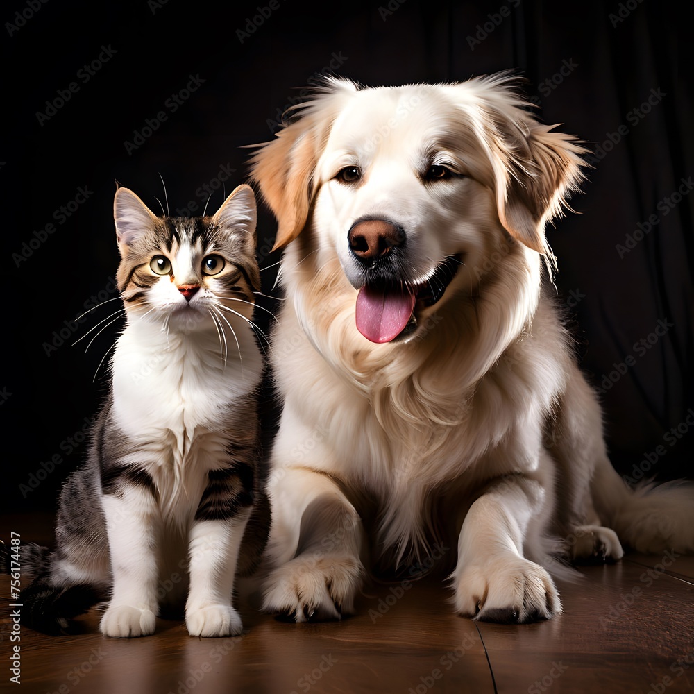 golden retriever puppy and dog, cat and dog in white and golden color, small cat and dog , black and white cat and brown golden dog, 