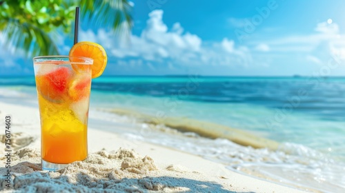 Chill with a summer cocktail on a sandy beach  sea view. Space for text  Ai Generated