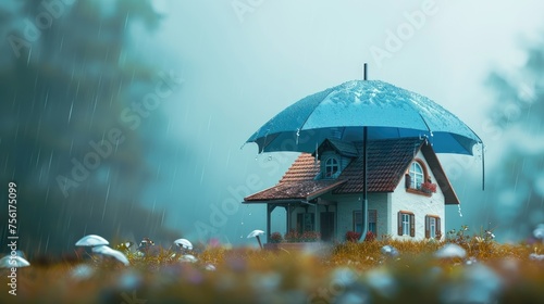 Wallpaper Mural A house sheltered under an umbrella, symbolizing protection and comfort in a whimsical setting. Ai Generated. Torontodigital.ca