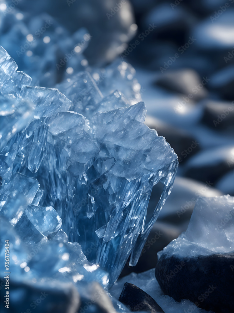 Close-up view of ice crystals on a rock. The ice is clear and shiny