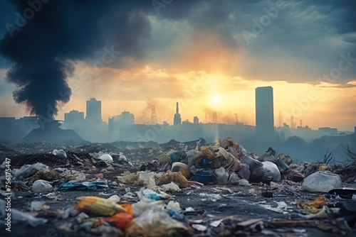 A large pile of trash dominates the foreground, with a city skyline in the background. Illustrates environmental pollution and urban waste management issues