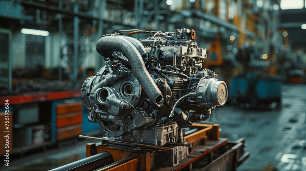 Fototapeta premium Detailed close-up of a modern engine being produced at a factory, showcasing intricate design and advanced technology