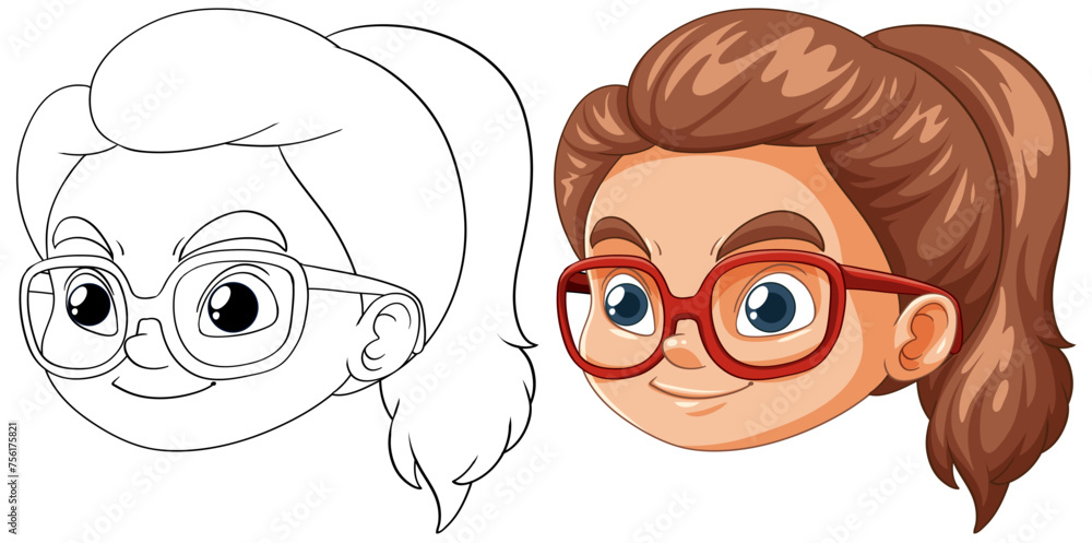 Color and outline of a cartoon girl with glasses.