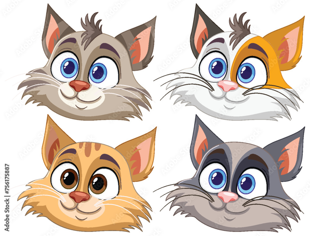 Fototapeta premium Four stylized cartoon cat faces with different expressions.