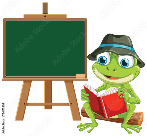 Cartoon frog reading book beside a blank chalkboard