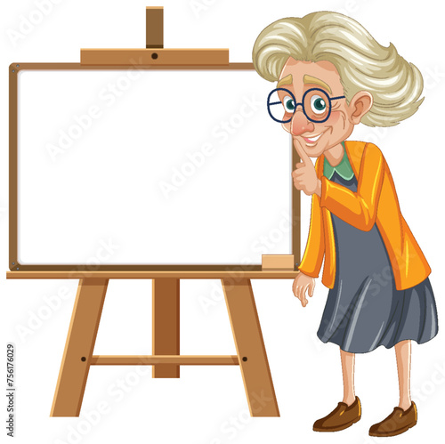 Cheerful elderly woman standing by a blank easel