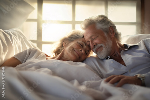 An elderly man and woman, a loving couple, are peacefully laying in a bed together, showing affection and love © Anoo