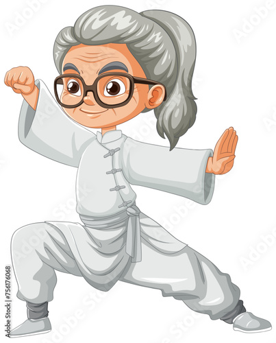 Cartoon of a lively elderly woman doing kung fu.