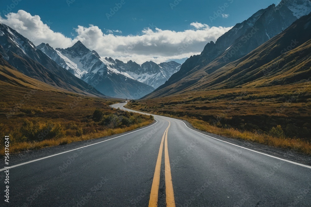Fototapeta premium shot of a road with the magnificent mountains under the blue sky captured