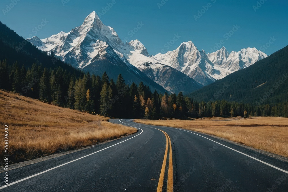 Fototapeta premium shot of a road with the magnificent mountains under the blue sky captured