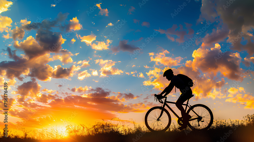 Fototapeta premium Silhouette of a cyclist riding a bike on a hillside path with a vibrant, cloud-filled sunset sky in the background.