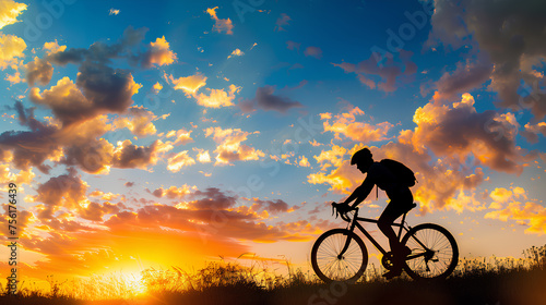 Silhouette of a cyclist riding a bike on a hillside path with a vibrant, cloud-filled sunset sky in the background.  © wanchai