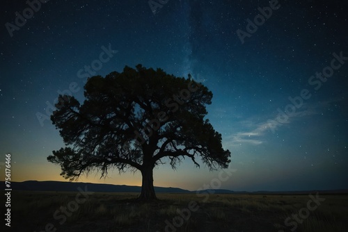 A lone tree is silhouetted against the night sky