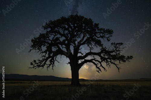 A lone tree is silhouetted against the night sky © Muh