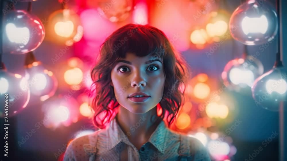 Multicolored lights, neon lights on the woman's face Multicolored lights, neon lights on the woman's face