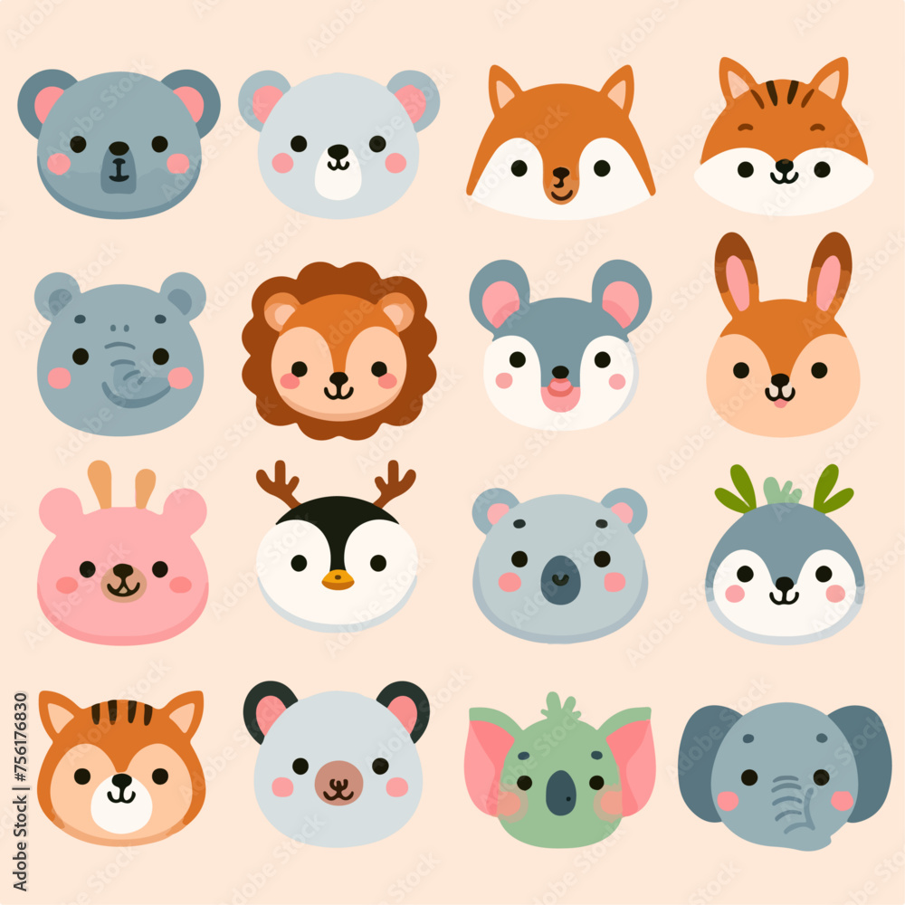 Fototapeta premium set of funny cartoon animals faces. suitable for stickers