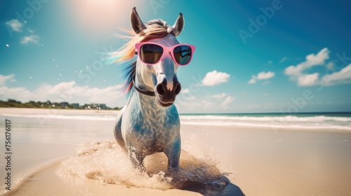 Experience the intensity of an unicorn leaping onto the beach in a stunning close-up photo, Ai Generated.