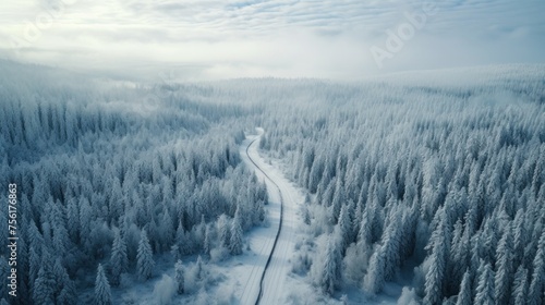 winter landscape with pine forest in snow. There is a curved road on a cloudy day in the mountains. 