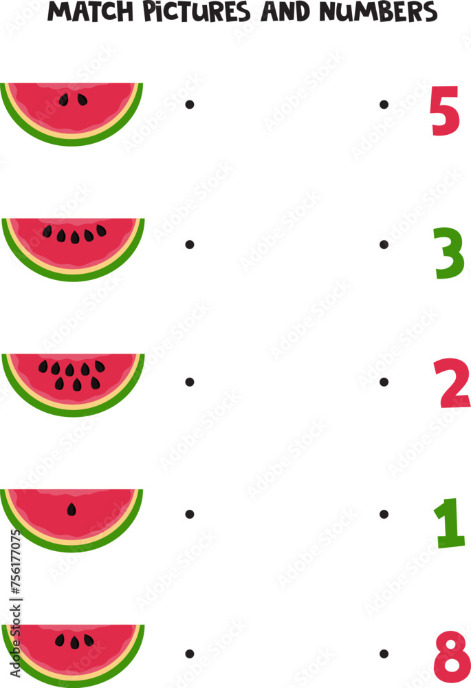 Match watermelon slices and numbers. Logical and math puzzle for kids. Match watermelon slices and numbers. Logical and math puzzle for kids.