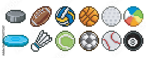 Balls of different sports, pixel art objects 