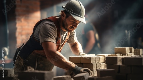 Close-up of an industrial bricklayer installing bricks on a construction site. Ai Generated