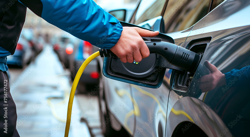 A human hand holds a battery charger for an electric car. Connect to electric cars A human hand holds a battery charger for an electric car. Connect to electric cars