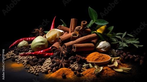 Assorted spices pop against a sleek black backdrop in a tantalizing display. Ai Generated