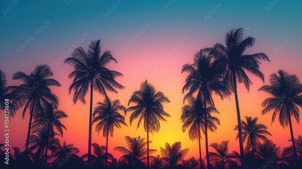 Fototapeta premium Palm trees cast captivating shadows against the vibrant hues of a tropical sunrise or sunset. Ai Generated.