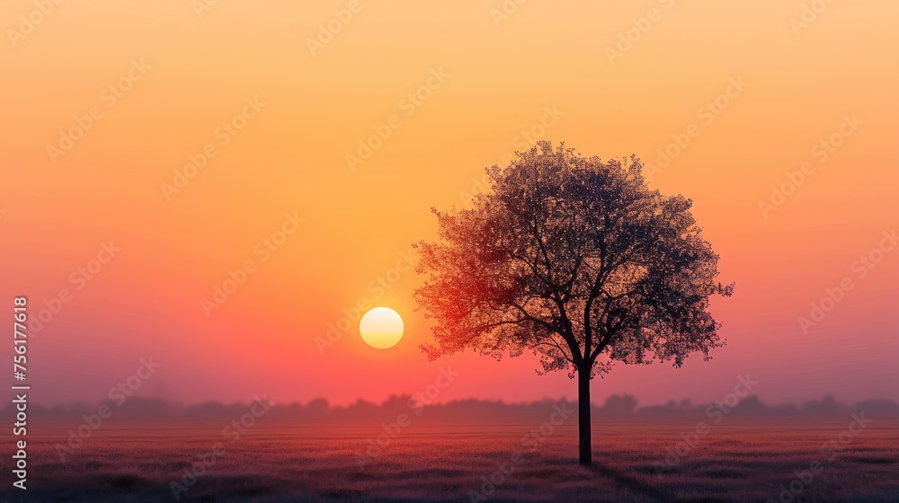 A single tree stands as a silhouette against the captivating hues of a serene sunset. Ai Generated.