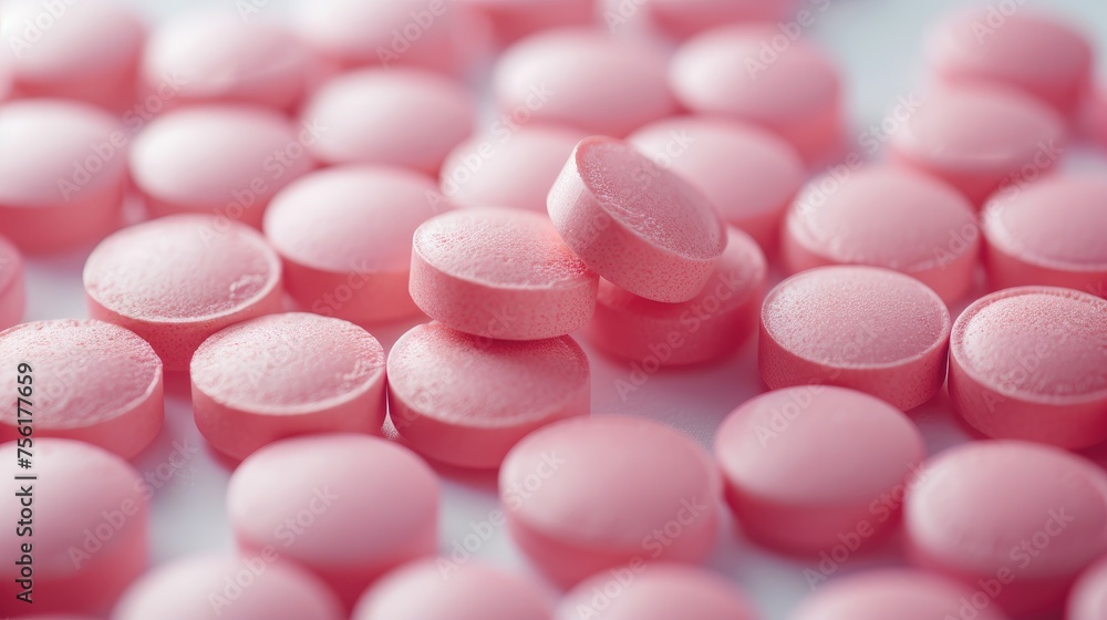Pink tablet pills neatly arranged on a white background, symbolizing medical care and well-being, Ai Generated. Pink tablet pills neatly arranged on a white background, symbolizing medical care and well-being, Ai Generated.