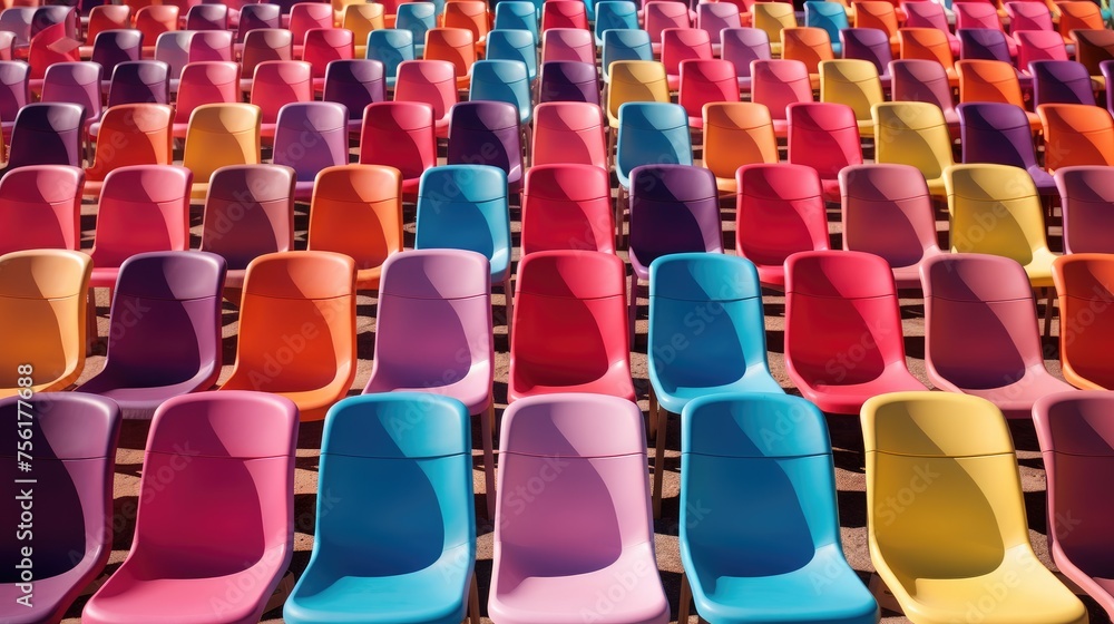 Obraz premium Rows of colorful chairs create a lively and dynamic scene, a burst of chromatic harmony, Ai Generated.
