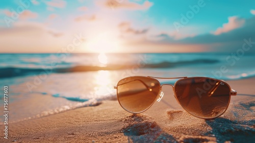 Sun-kissed beach vibes captured through sunglasses, encapsulating the essence of travel. Ai Generated.