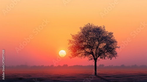 A single tree stands as a silhouette against the captivating hues of a serene sunset. Ai Generated.