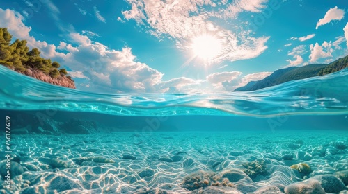 A split view captures the serene sea and sunny sky, offering a tranquil underwater perspective. Ai Generated. © Crazy Juke