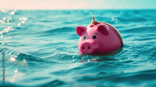 Pink piggy bank afloat on sea water, resiliently defying sinking, a whimsical savings metaphor, Ai Generated.