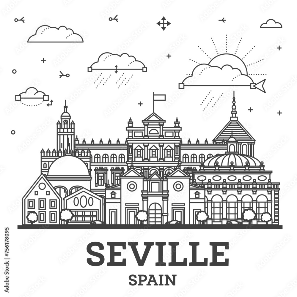 Outline Seville Spain City Skyline with Historic Buildings Isolated on White. Illustration. Seville Cityscape with Landmarks.