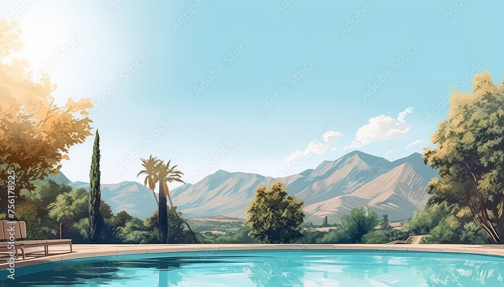 A beautiful mountain landscape with a pool of water in the foreground