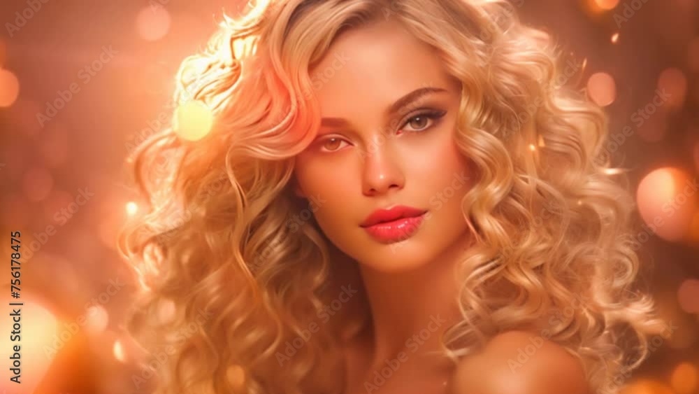 Young woman with elegant blonde curly hair on a golden glitter background. Premium assembly Young woman with elegant blonde curly hair on a golden glitter background. Premium assembly