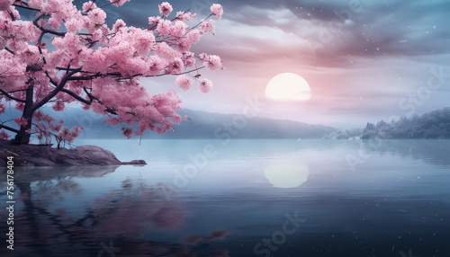 A serene lake with a pink tree in the foreground