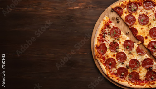 A slice of pepperoni pizza is cut in half and placed on a table
