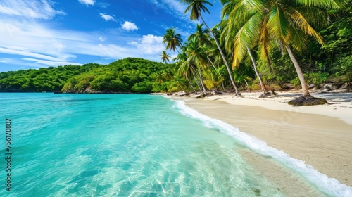 Paradise beach with palm trees  calm ocean  sunshine  and a blue sky in a panoramic banner. Ai Generated.
