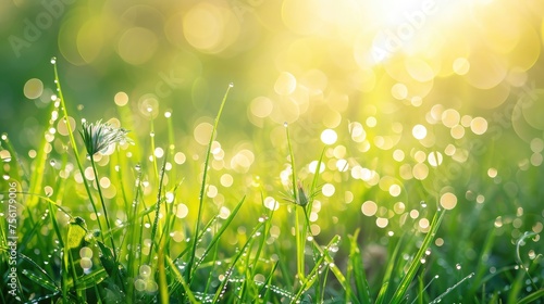 A natural canvas of green grass and wildflowers adorned with dew and water drops, kissed by sunlight. Ai Generated.