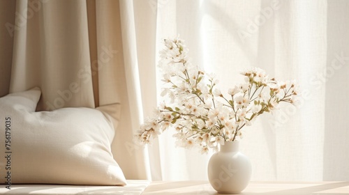 Simple interior, Scandinavian style. White flowers in a vase on the table near the window with curtains