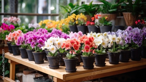 Colorful blooming flowers in pots are displayed on the shelves of a flower shop. © ORG