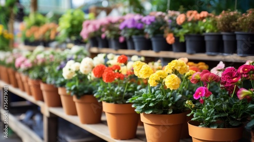 Colorful blooming flowers in pots are displayed on the shelves of a flower shop.
