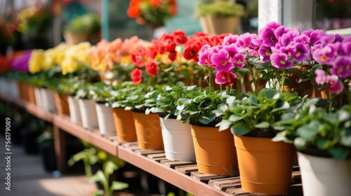 Colorful blooming flowers in pots are displayed on the shelves of a flower shop.