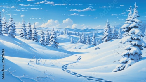A serene snowy landscape stretches under a clear blue sky, painting a peaceful and wintry scene. Ai Generated. © Crazy Juke