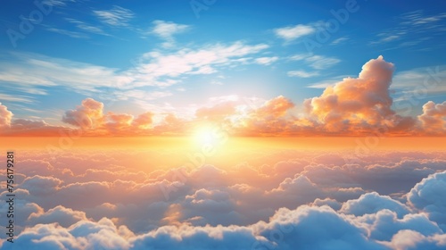 A blue sky clouds background features a beautiful landscape with orange sun, creating a mesmerizing scene. Ai Generated.