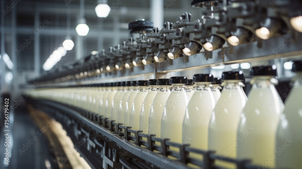 Food industry inside a dairy factory with bottles on a conveyor belt food technology