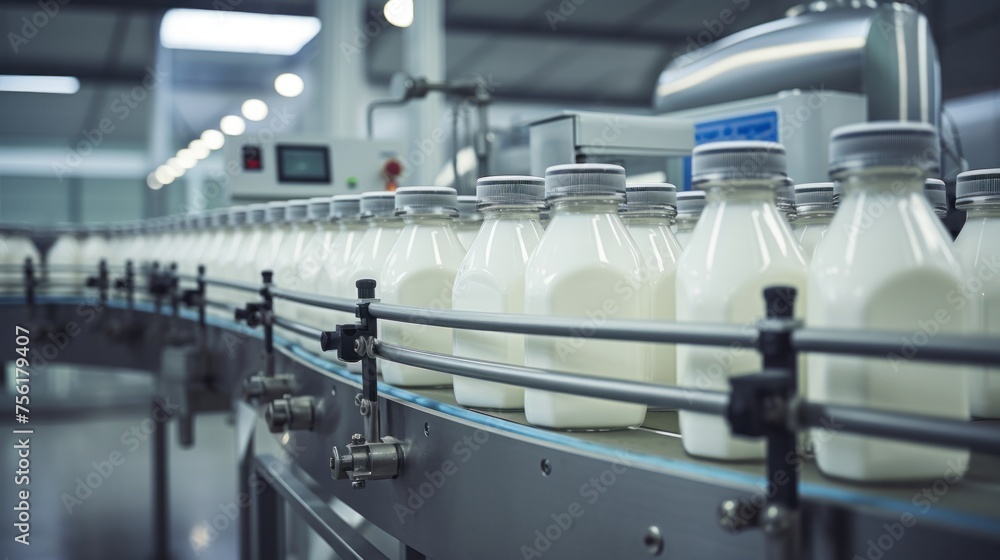 Food industry inside a dairy factory with bottles on a conveyor belt food technology